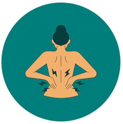 cartoon of a woman holding her back with lightening bolts coming out from it