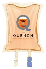 Quench Hydration Technology IV bag with orange fluid inside. Branding features a stylized Q logo with soft, clinical studio lighting on white.