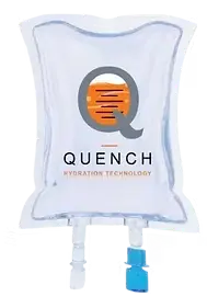 Clear IV fluid bag with Quench Hydration Technology branding. Features a grey and orange Q logo against high-key, clean studio lighting.