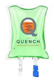 Bright green Quench Hydration Technology IV fluid bag with orange logo, crisp studio lighting, and clear port connectors on a white background.