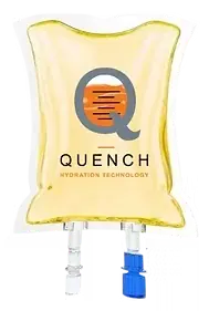 Translucent yellow IV bag featuring Quench Hydration Technology branding with a stylized Q logo, illuminated against a clean, white studio background.